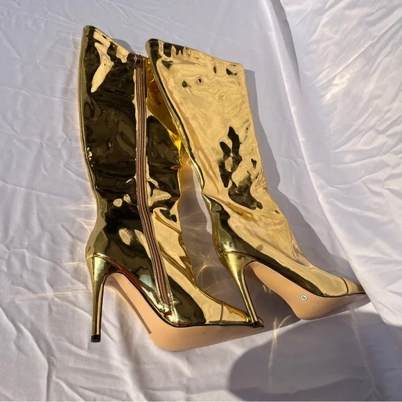 Shiny Gold Heeled Boots - Picture 2 of 4